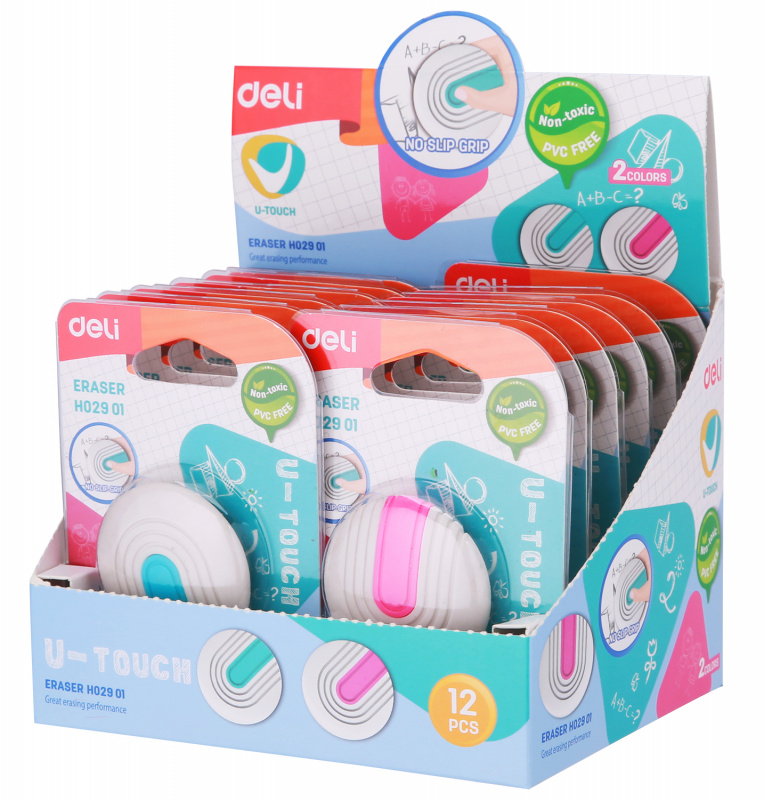 Ластик Deli EH02901 U-touch круглый 45x10мм ассорти с держателем блистер