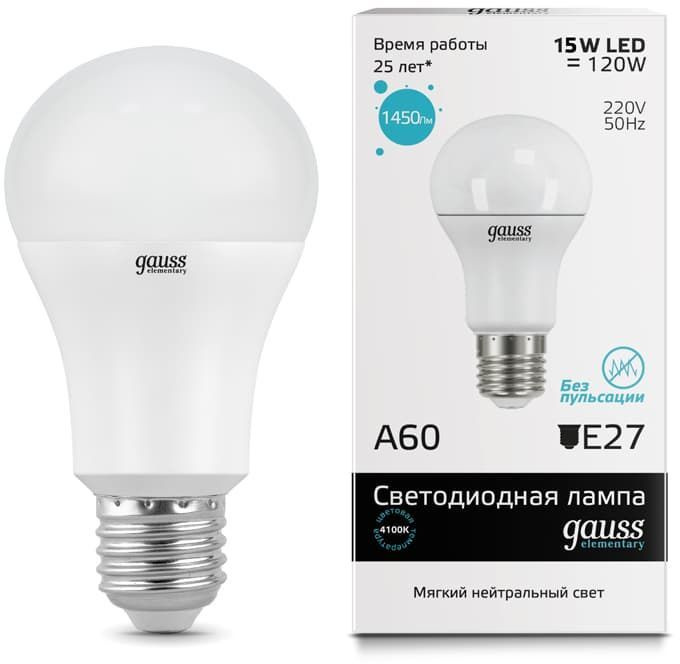 Лампа светодиодная Gauss Elementary 15Вт цок.:E27 груша 220B св.свеч.бел.нейт. A60 (упак.:1шт) (23225)