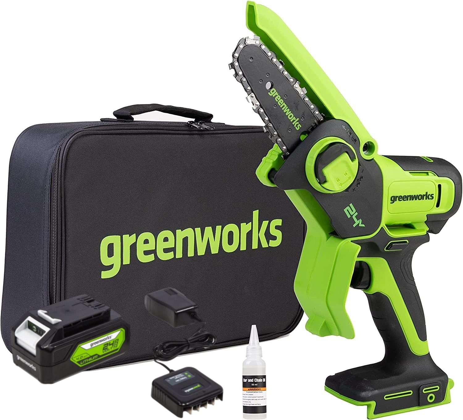 Цепная пила Greenworks G24MCS10 дл.шины:4"(10cm) 1аккум. 2Ач ЗУ (2008207UA)