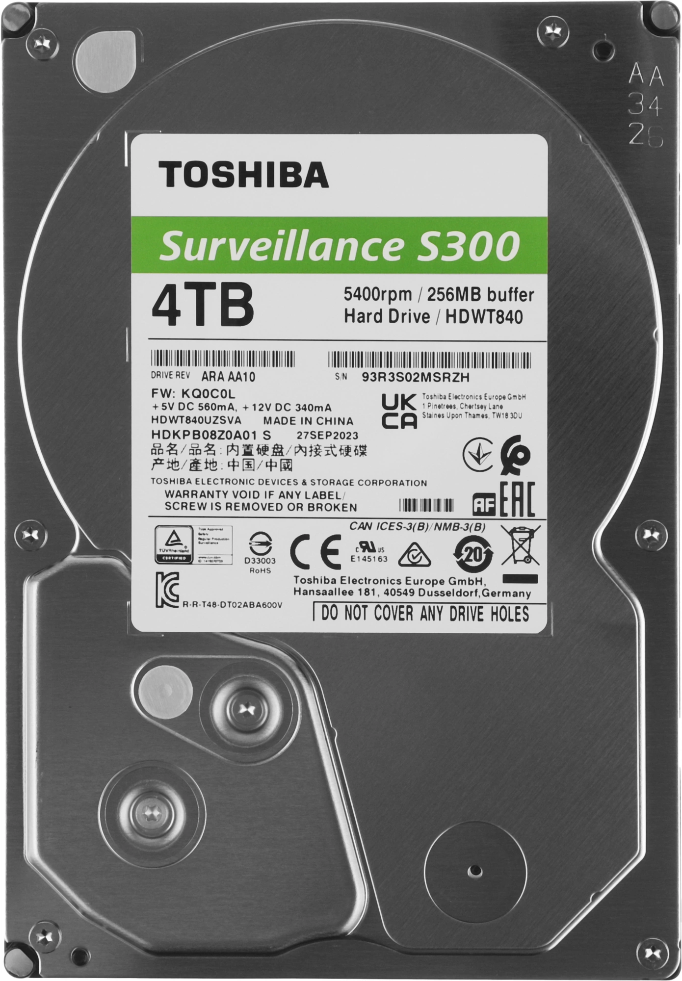 Жесткий диск Toshiba SATA-III 4TB HDWT840UZSVA Surveillance S300 (5400rpm) 256Mb 3.5"