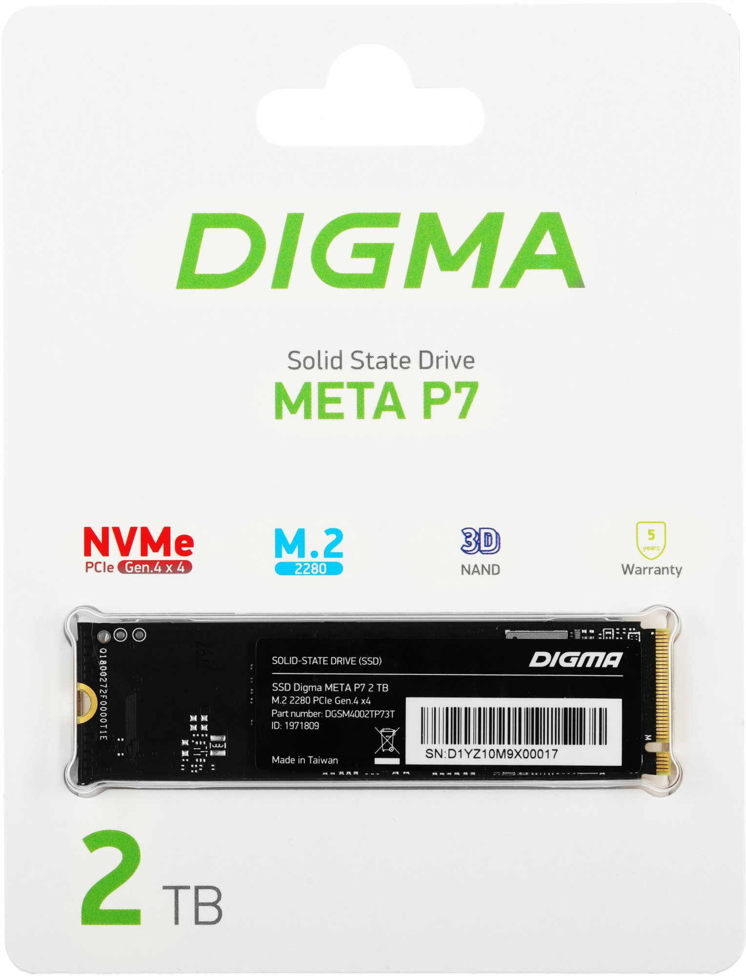 Накопитель SSD Digma PCIe 4.0 x4 2TB DGSM4002TP73T Meta P7 M.2 2280