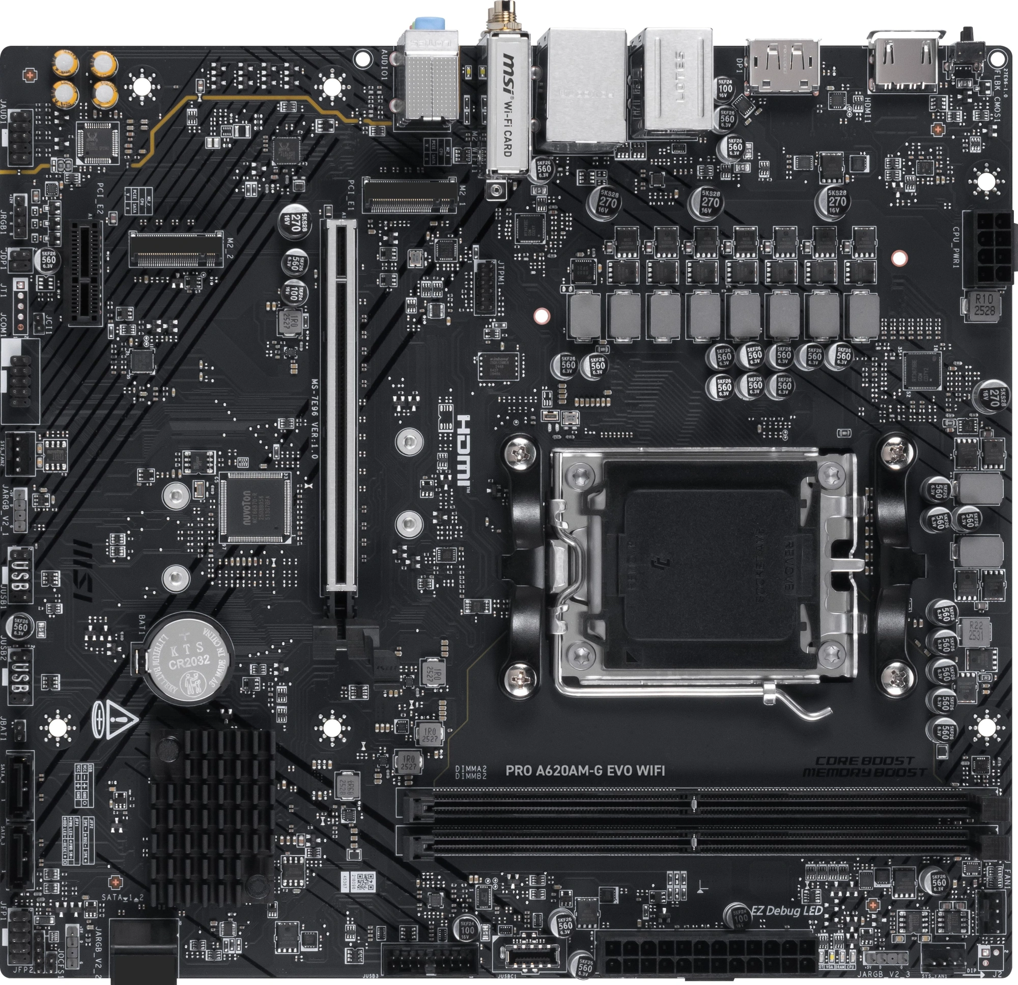Материнская плата MSI PRO A620AM-G EVO WIFI Socket AM5 AMD A620A 2xDDR5 mATX AC`97 8ch(7.1) 2.5Gg RAID+VGA+HDMI+DP