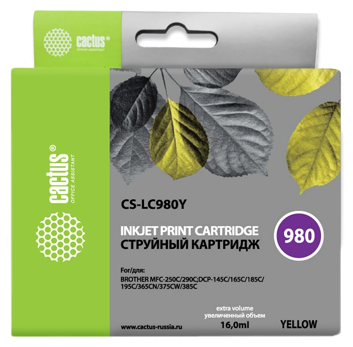 Картридж струйный Cactus CS-LC980Y желтый (16мл) для Brother DCP-145C/165C/MFC-250C/290C с чипом