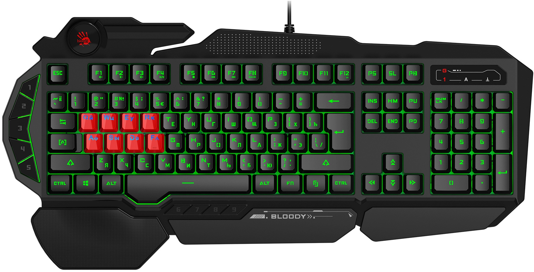 Клавиатура A4Tech B318 черный USB Multimedia for gamer LED (подставка для запястий) кабель 1.8м