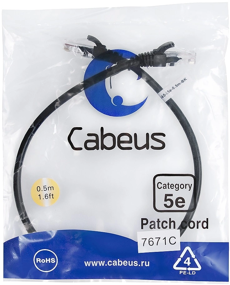Патч-корд Cabeus PC-UTP-RJ45-CAT.5E-0.5M-BK U/UTP RJ-45 вил.-вилка RJ-45 кат.5E 0.5м черный ПВХ