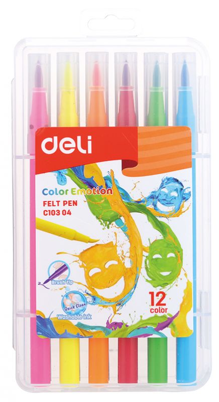 Фломастеры Deli EC10304 Color Emotion кисть смываемые 12цв. пластиковый пенал (12шт.)