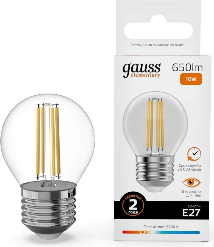 Лампа филам. Gauss Filament 10Вт цок.:E27 шар св.свеч.бел.теп. (упак.:1шт) (52210)