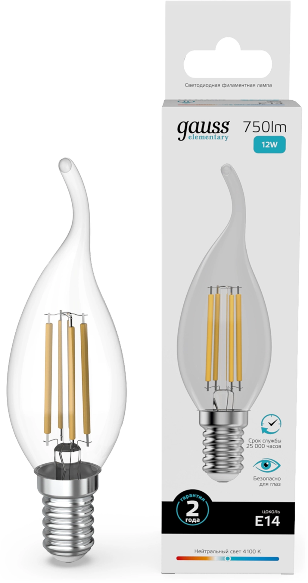 Лампа филам. Gauss Filament 12Вт цок.:E14 свеча св.свеч.бел.нейт. (упак.:10шт) (42122)