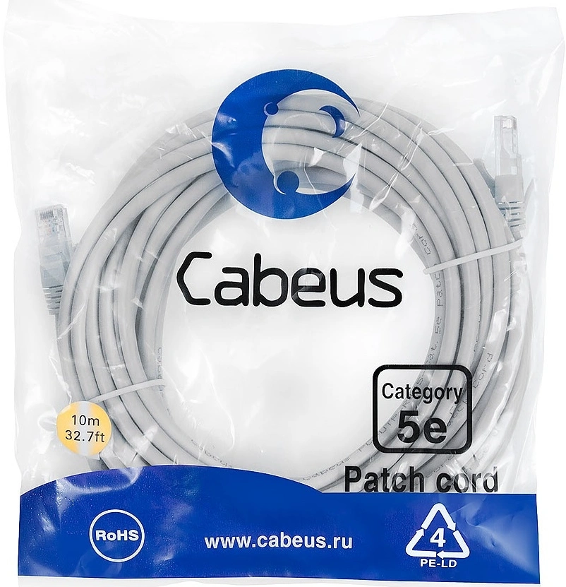 Патч-корд Cabeus PC-UTP-RJ45-CAT.5E-10M-LSZH U/UTP RJ-45 вил.-вилка RJ-45 кат.5E 10м серый LSZH