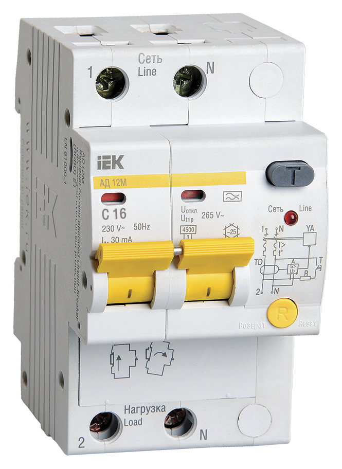 Выключатель автом. дифф. тока IEK MAD12-2-016-C-030 АД12М 16A тип C 4.5kA 30мА A 2П 230В 3мод белый (упак.:1шт)