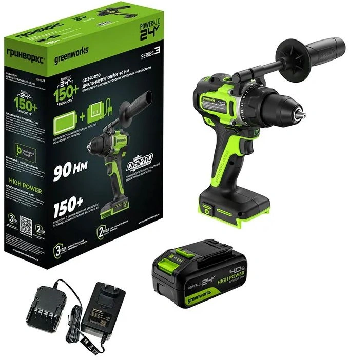 Дрель-шуруповерт Greenworks GD24DD90 аккум. патрон:быстрозажимной (3707507CUD)