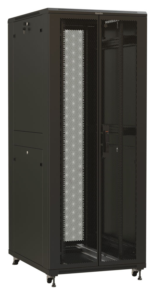 Шкаф серверный Hyperline (TTR-4281-DD-RAL9005) напольный 42U 800x1000мм пер.дв.перфор.2ств. задн.дв.перфор.2-хст. 2 бок.пан. 800кг черный IP20 сталь