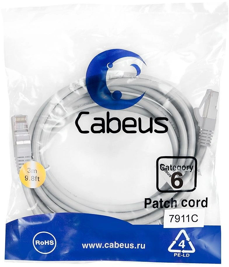 Патч-корд Cabeus PC-FTP-RJ45-CAT.6-3M-LSZH F/UTP RJ-45 вил.-вилка RJ-45 кат.6 3м серый LSZH