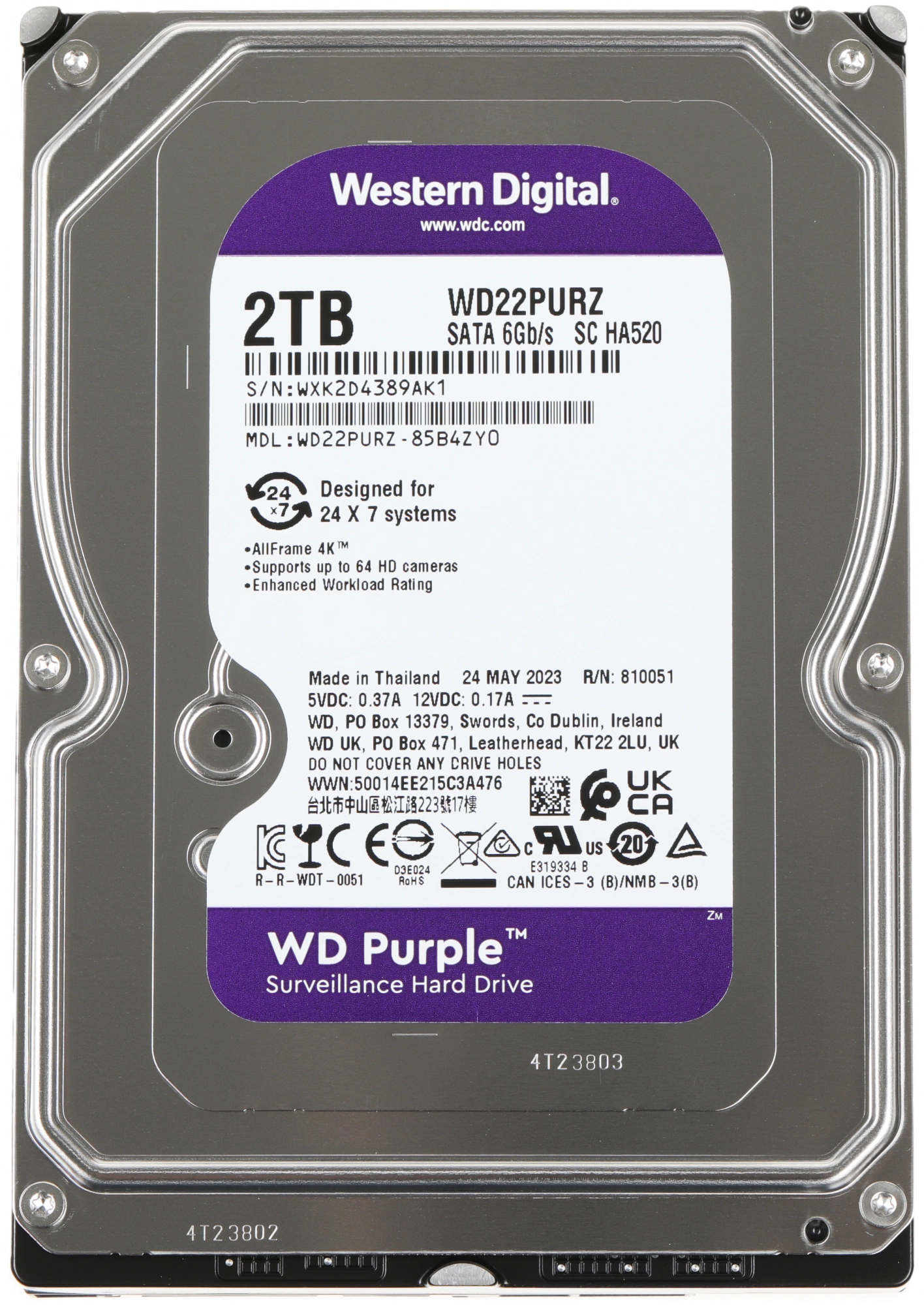 Жесткий диск WD SATA-III 2TB WD22PURZ Surveillance Purple (5400rpm) 256Mb 3.5"