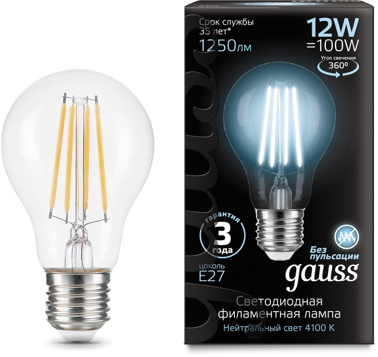 Лампа светодиодная Gauss Filament 102902212 12Вт цок.:E27 груша 185B 4100K св.свеч.бел.нейт. грушевидная (упак.:1шт)