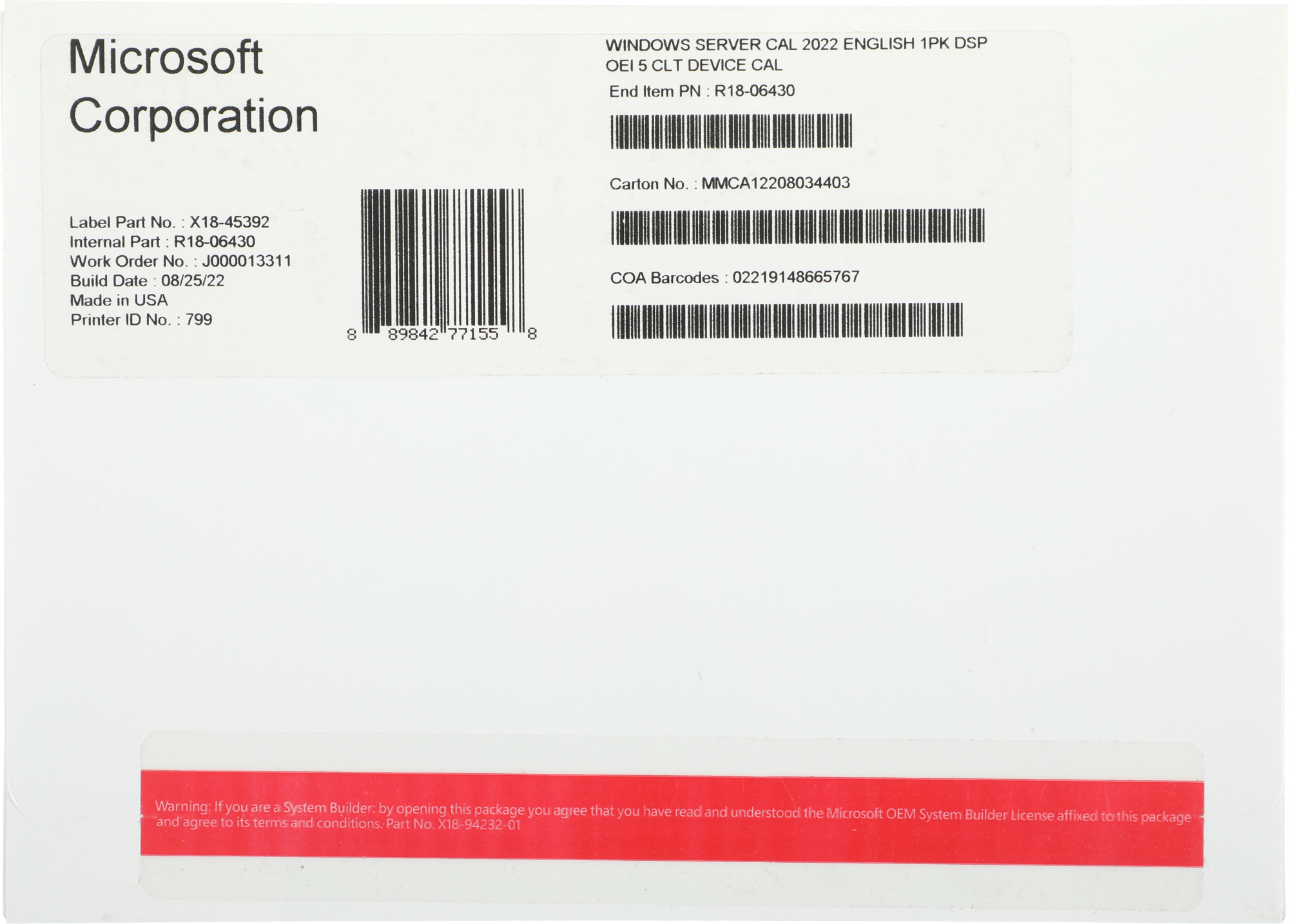 ПО Microsoft Windows Server CAL 2022 English 1pk DSP OEI 5 Clt Device CAL (R18-06430)