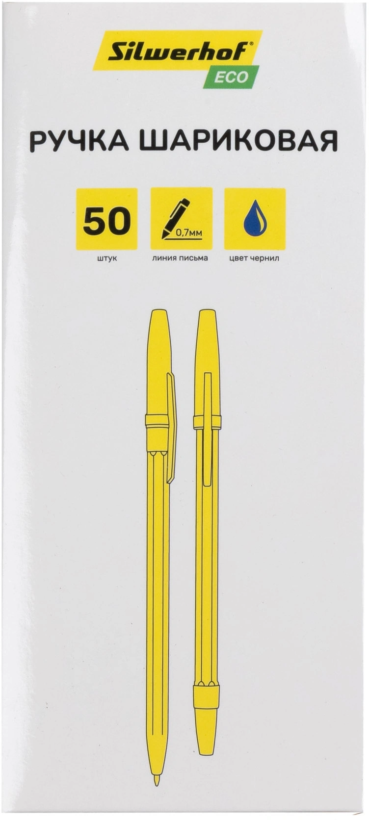 Ручка шариков. Silwerhof Eco желтый/синий d=1мм син. черн. сменный стержень стреловидный пиш. наконечник линия 0.7мм шестигр. без инд. Маркировки