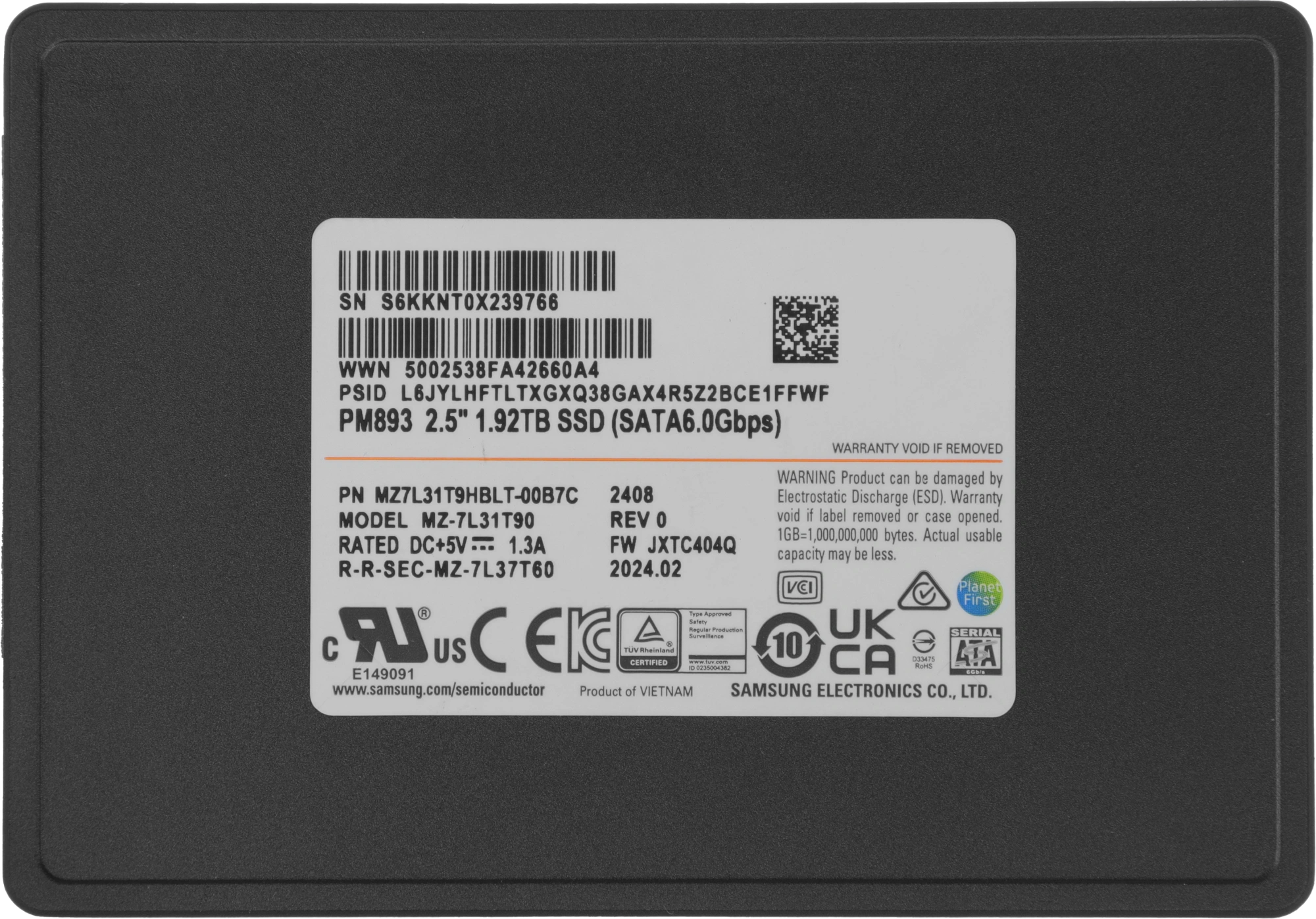 Накопитель SSD Samsung SATA-III 1.92TB MZ7L31T9HBLT-00B7C PM893 2.5" 1 DWPD OEM