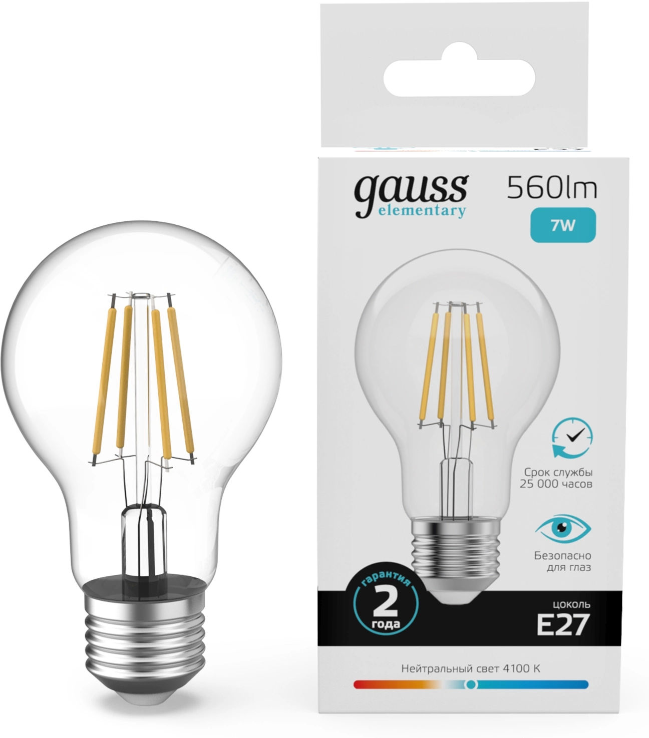 Лампа филам. Gauss Filament 7Вт цок.:E27 груша 220B св.свеч.бел.нейт. (упак.:10шт) (22227)