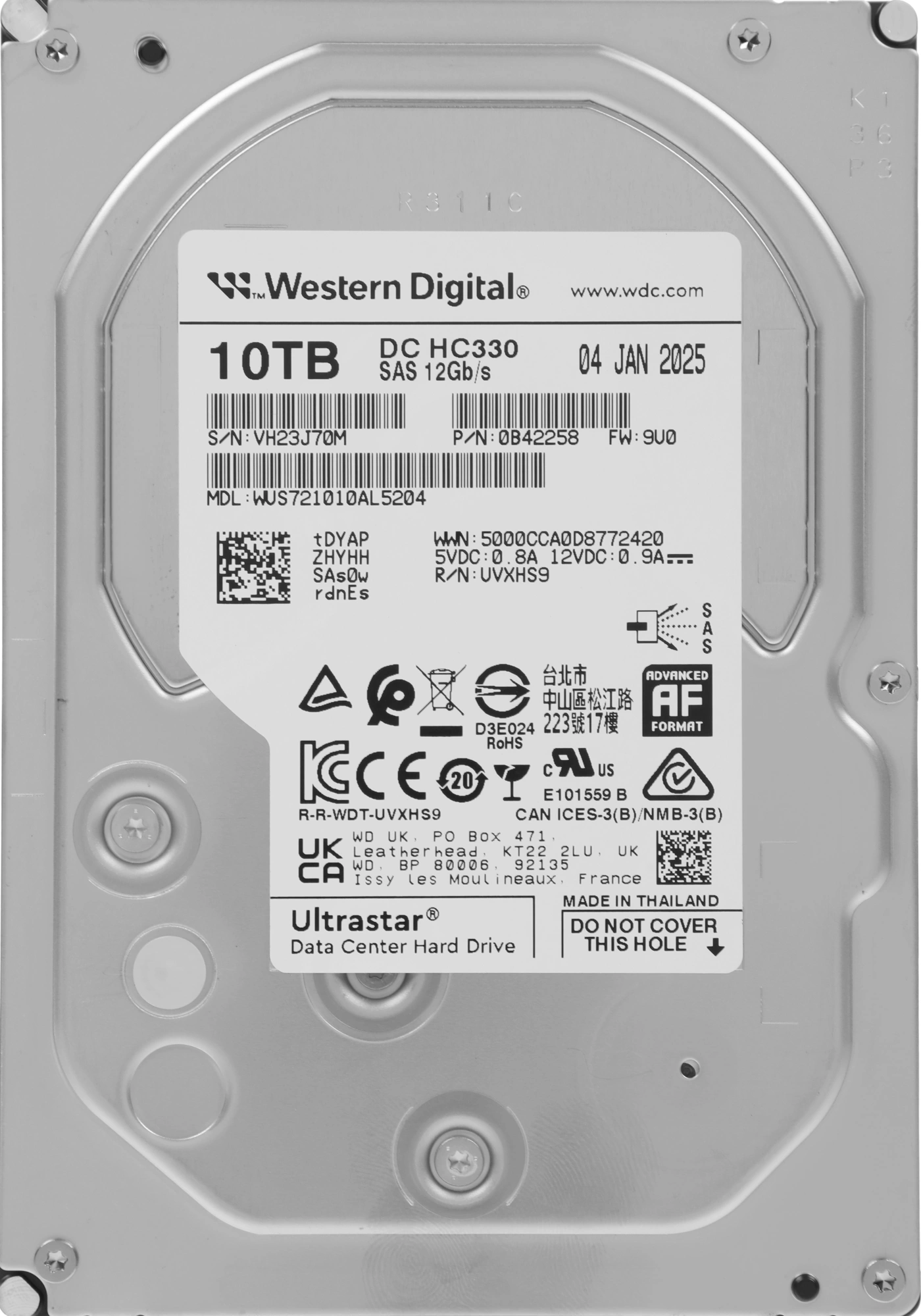 Жесткий диск WD SAS 3.0 10TB 0B42303 WUS721010AL5204 Server Ultrastar DC HC330 (7200rpm) 256Mb 3.5"