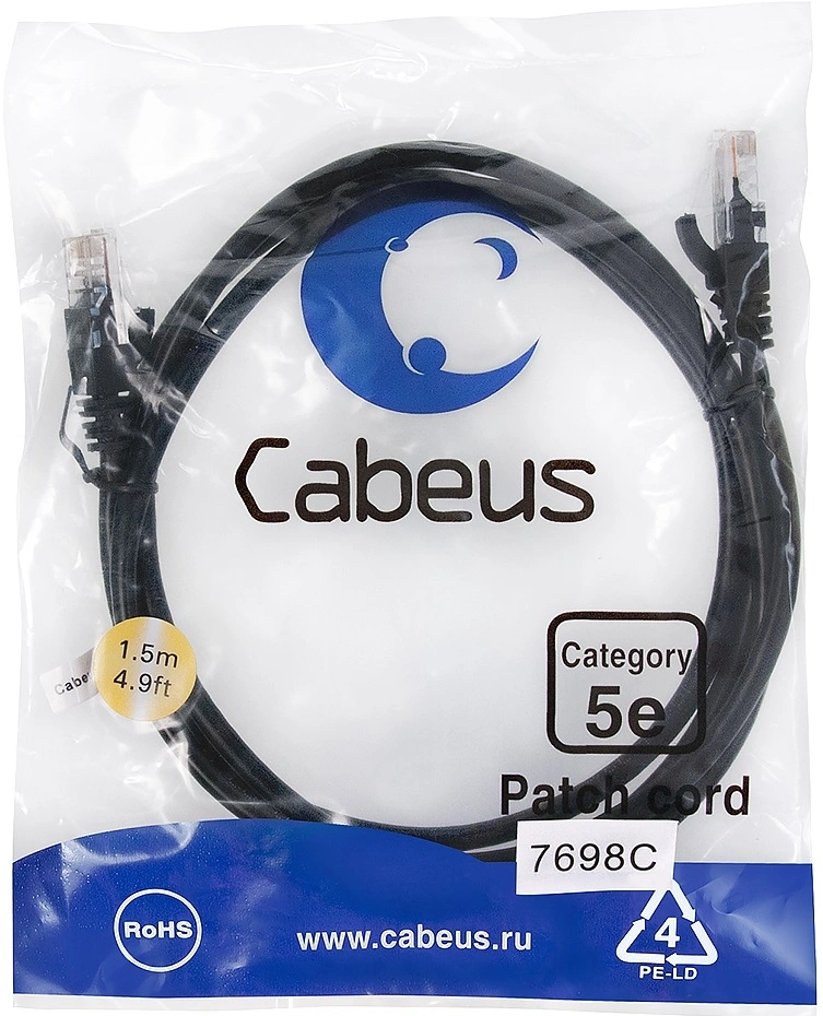 Патч-корд Cabeus PC-UTP-RJ45-Cat.5e-1.5m-BK-LSZH U/UTP RJ-45 вил.-вилка RJ-45 кат.5E 1.5м черный LSZH
