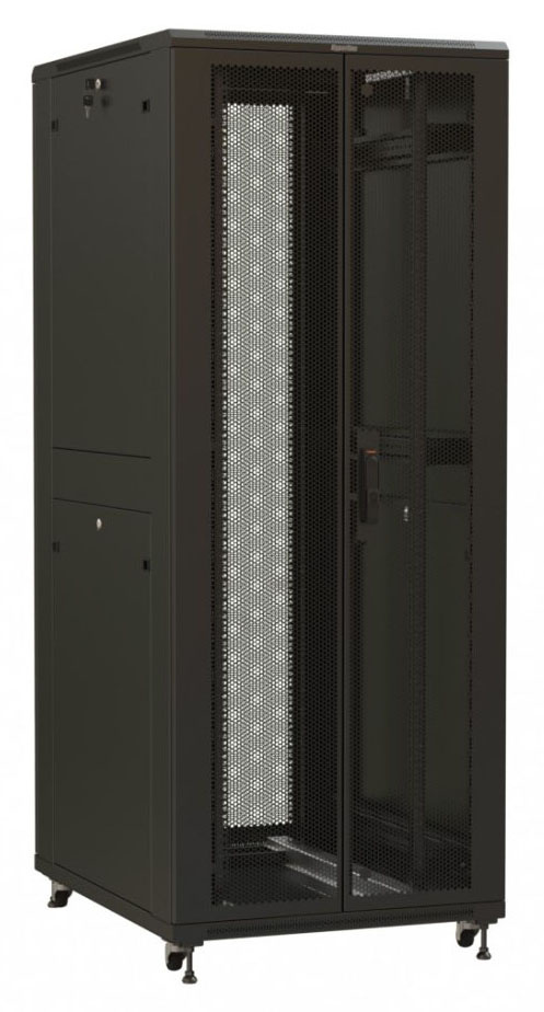 Шкаф серверный Hyperline (TTR-4261-DD-RAL9005) напольный 42U 600x1000мм пер.дв.перфор. задн.дв.перфор. 2 бок.пан. направл.под закл.гайки 800кг черный 910мм 117.4кг 2055мм IP20 сталь