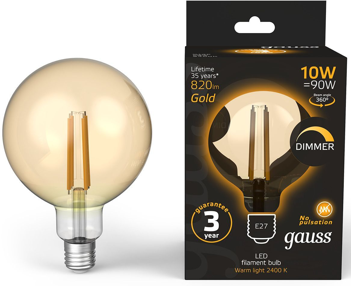 Лампа светодиодная Gauss Filament 158802010-D 10Вт цок.:E27 шар 220B св.свеч.бел.теп. (упак.:1шт)