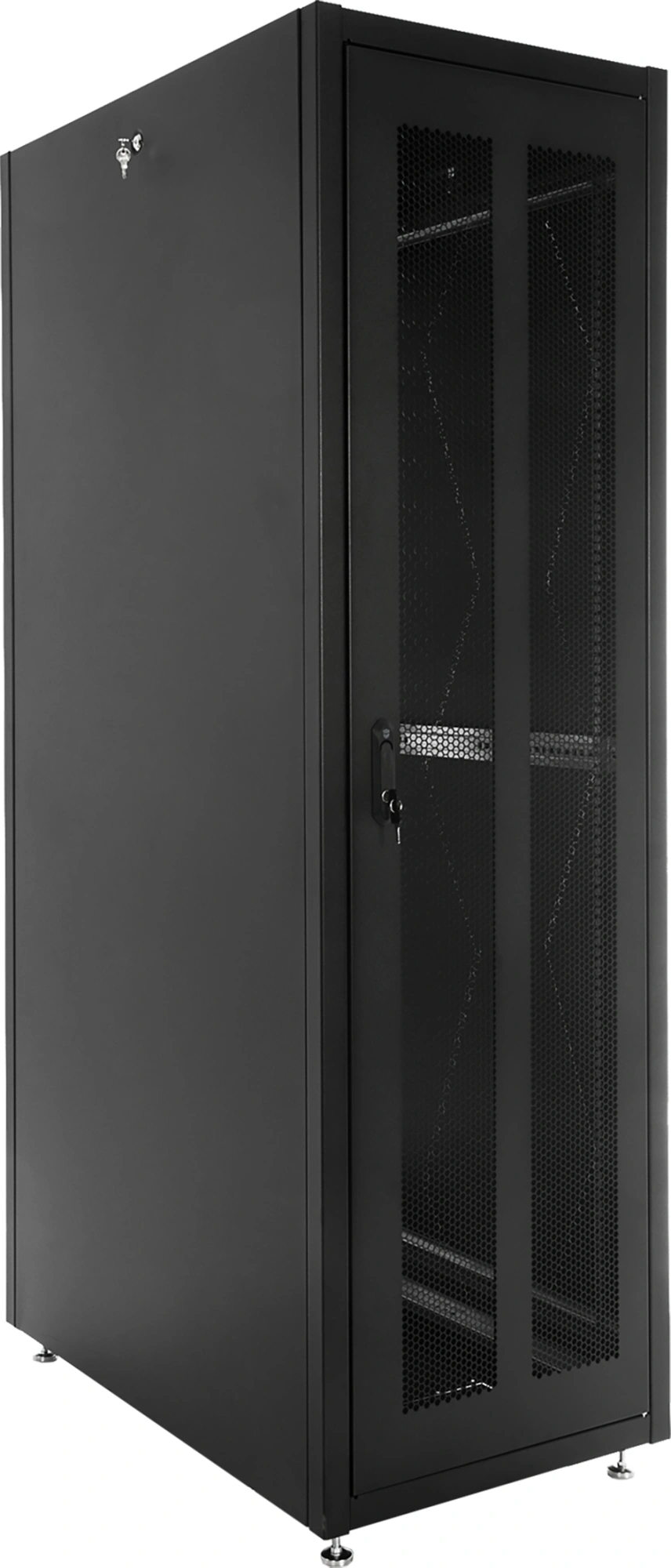 Шкаф серверный ЦМО (ШТК-Э-42.6.10-44АА-9005) напольный 42U 600x1000мм пер.дв.перфор. 2 бок.пан. задн.дв.перфор. направл.под закл.гайки 710кг черный 915мм 105кг 120град. 1987мм IP20 металл