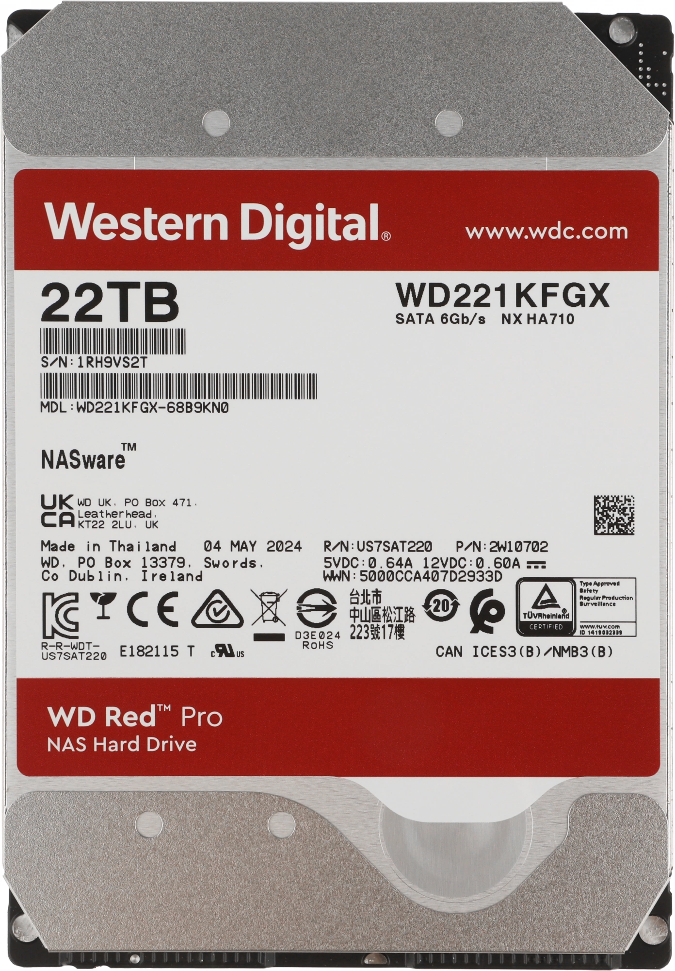 Жесткий диск WD SATA-III 22TB WD221KFGX NAS Red Pro (7200rpm) 512Mb 3.5"