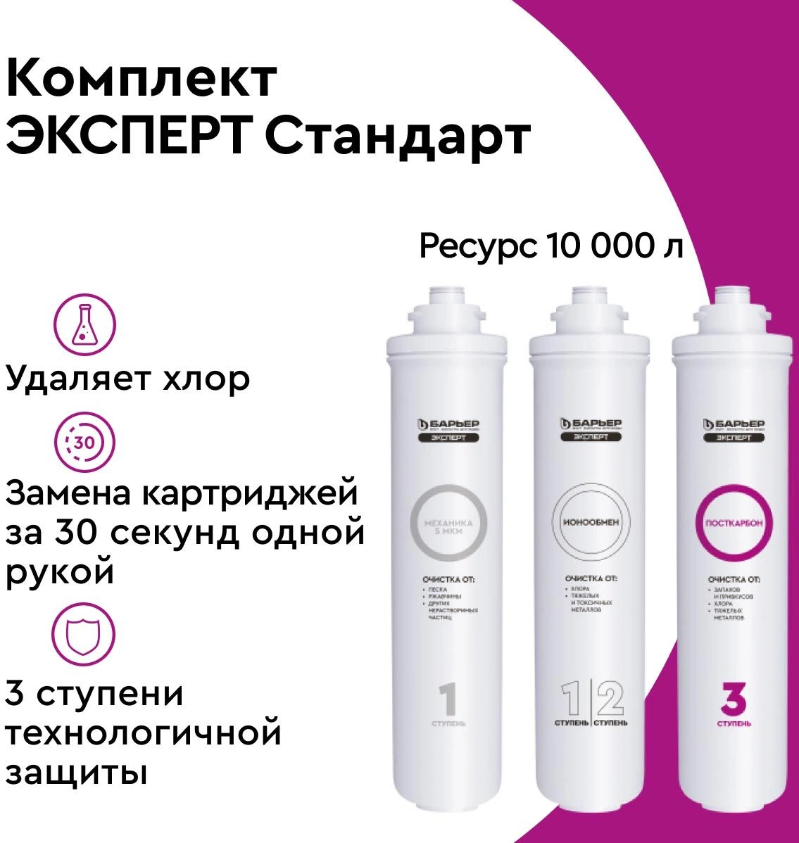 Комплект картриджей Барьер ЭКСПЕРТ Стандарт для проточных фильтров ресурс:10000л (упак.:3шт)
