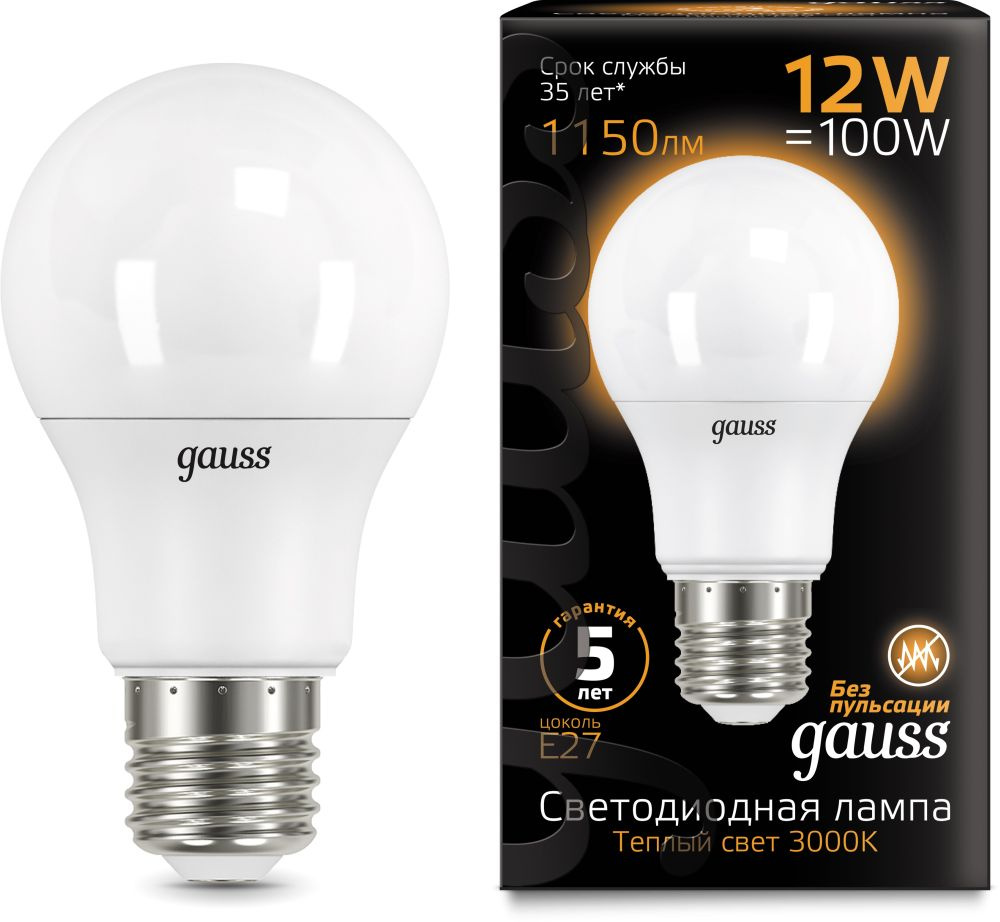 Лампа светодиодная Gauss A60 12Вт цок.:E27 груша 220B 3000K св.свеч.бел.теп. A60 (упак.:1шт) (102502112)