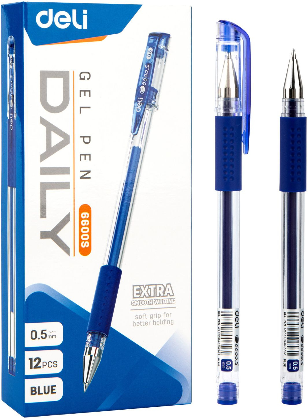 Ручка гелев. Deli Daily E6600SBlue прозрачный d=0.5мм син. черн. резин. манжета