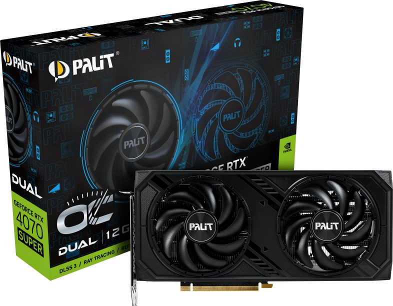 Видеокарта Palit PCI-E 4.0 RTX4070 SUPER DUAL OC NVIDIA GeForce RTX 4070 Super 12Gb 192bit GDDR6X 1980/21000 HDMIx1 DPx3 HDCP Ret