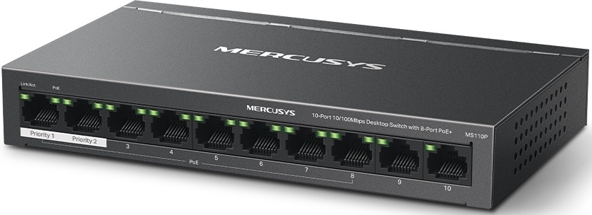 Коммутатор Mercusys MS110P (L2) 10x100Мбит/с 8PoE+ 65W неуправляемый
