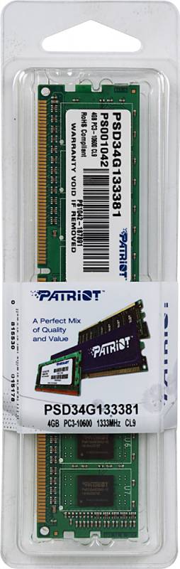 Память DDR3 4GB 1333MHz Patriot PSD34G133381 RTL PC3-10600 CL9 DIMM 240-pin 1.5В single rank Ret