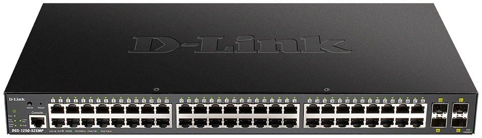 Коммутатор D-Link DGS-1250-52XMP/RU/A1A (L2+) 48x1Гбит/с 4SFP+ 48PoE 370W управляемый