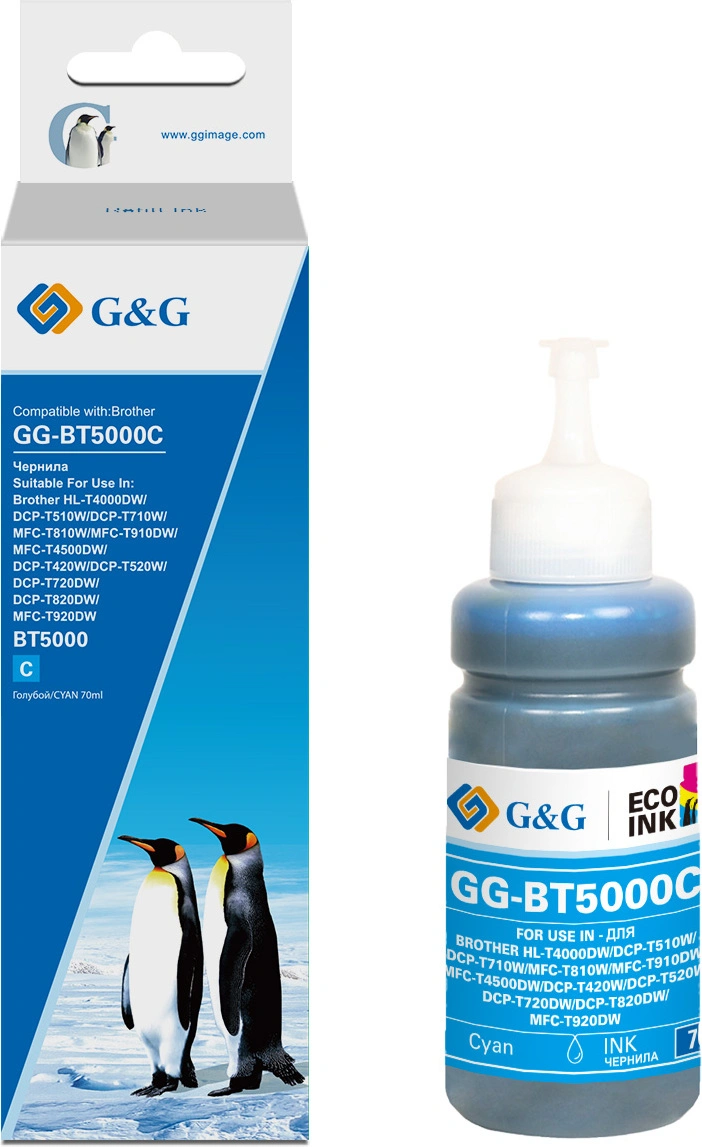 Чернила G&G GG-BT5000C фото голубой70мл для Brother HL-T4000DW, DCP-T510W, DCP-T710W, MFC-T810W, MFC-T910DW, MFC-T4500DW, DCP-T420W, DCP-T520W, DCP-T720DW, DCP-T820DW, MFC-T920DW