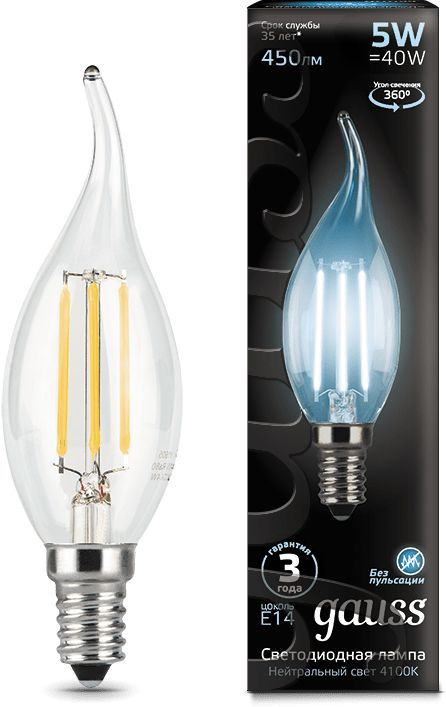 Лампа филам. Gauss Filament 5Вт цок.:E14 свеча 220B св.свеч.бел.нейт. (упак.:10шт) (104801205)