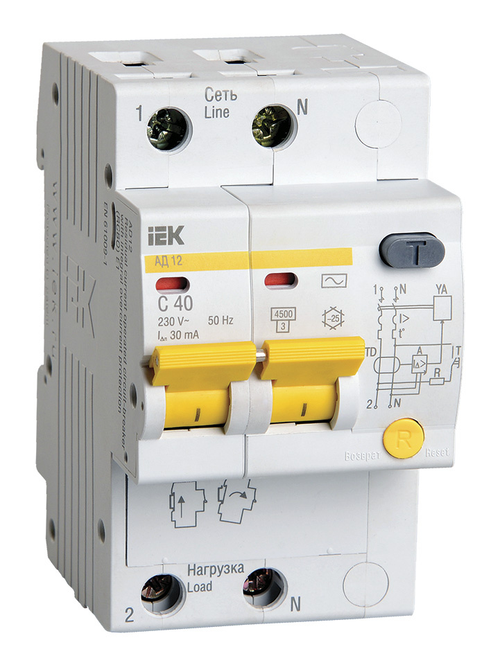 Выключатель автом. дифф. тока IEK АД12 MAD10-2-040-C-030 40A тип C 4.5kA 30мА AC 2П 230В 3мод белый (упак.:1шт)