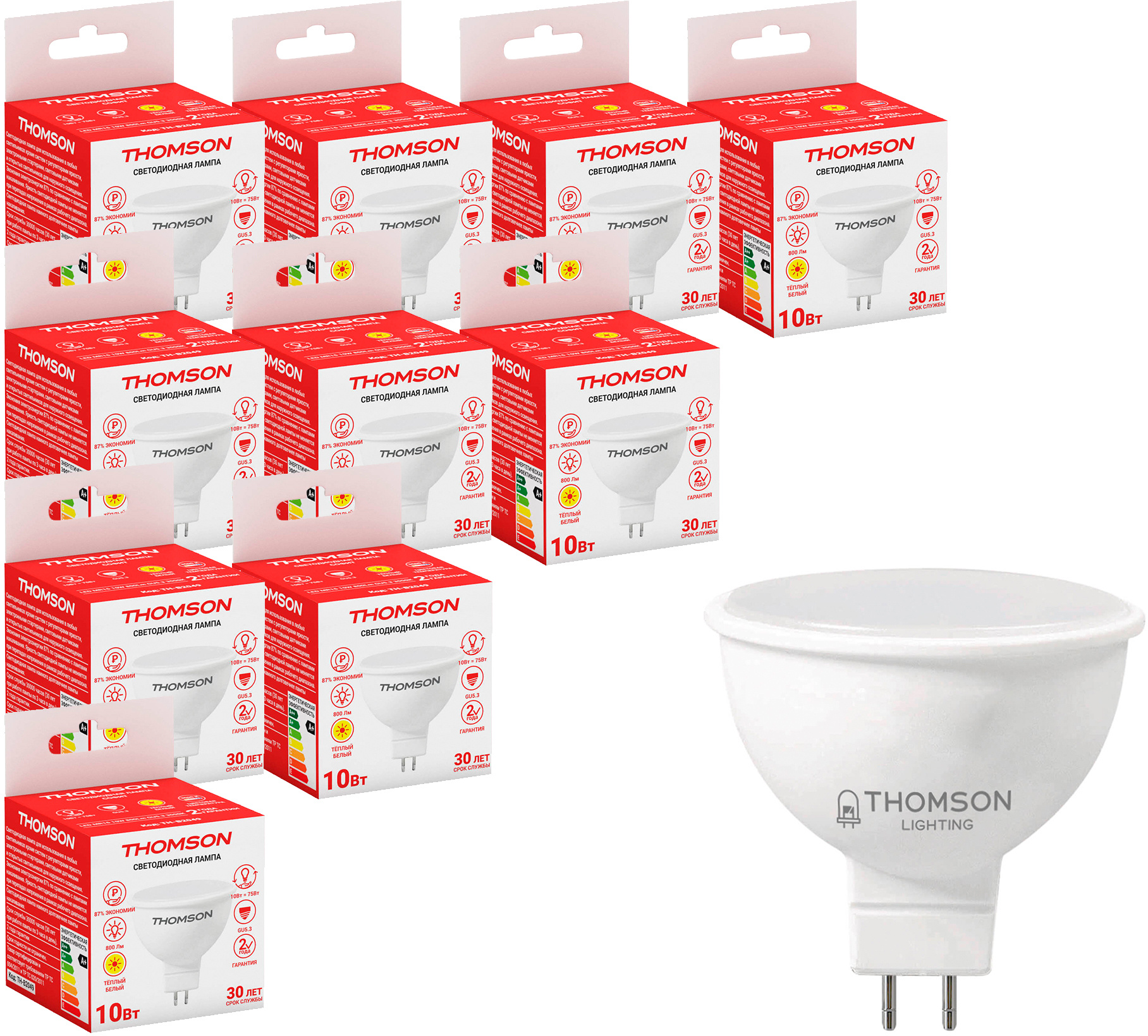 Лампа светодиодная Thomson TH-B2049 10Вт цок.:GU5.3 рефлек. 220B св.свеч.бел.теп. MR16 (упак.:10шт) (TH-B2049-10)