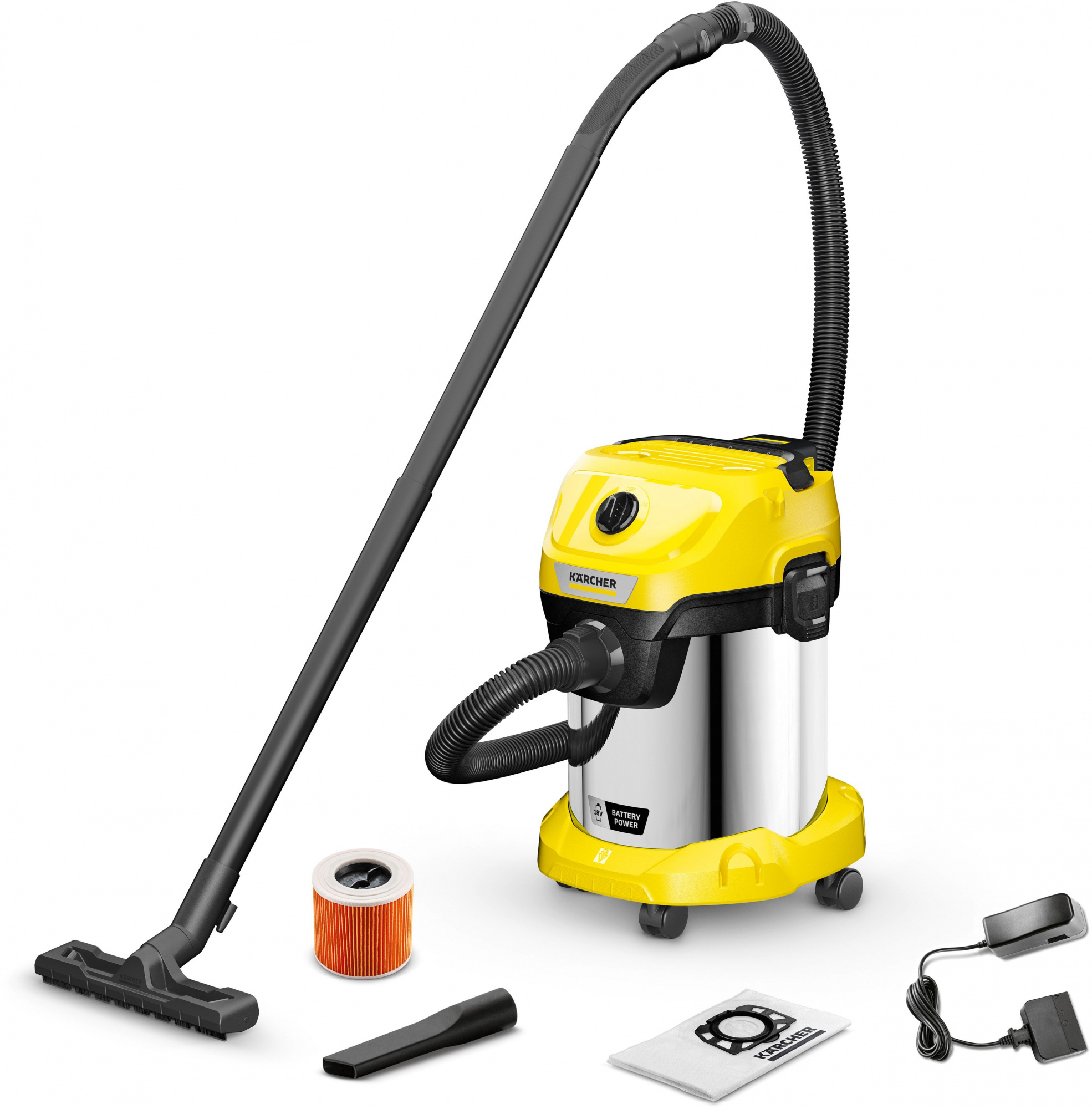 Строительный пылесос Karcher WD 3-18 S 225Вт (уборка: сухая/влажная) желтый