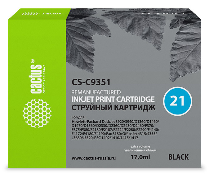 Картридж струйный Cactus CS-C9351 №21 черный (17мл) для HP DJ 3920/3940/D1360/D1460/D1470/D1560/D2330/D2360/D2430/D2460/F370/F375/F380/F2180/F2187/F2224/F2280/F2290/F4140/F4172/F4180/F4190