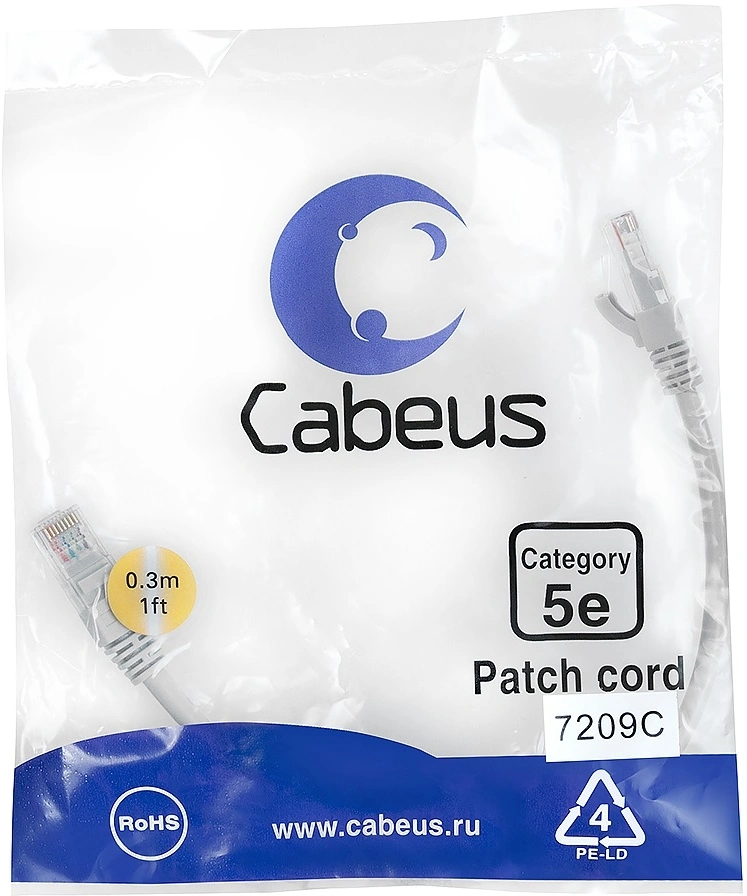 Патч-корд Cabeus PC-UTP-RJ45-CAT.5E-0.3M U/UTP RJ-45 вил.-вилка RJ-45 кат.5E 0.3м серый ПВХ