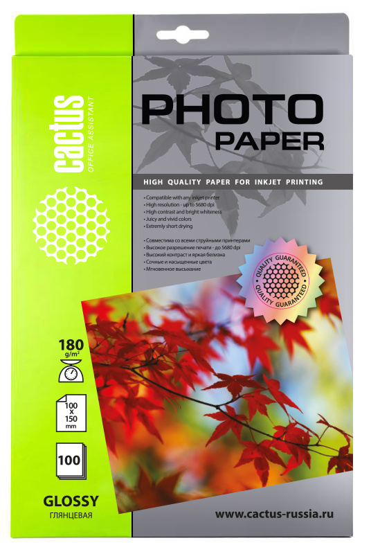 Фотобумага Cactus CS-GA6180100 10x15/180г/м2/белый/100л. глянцевое для струйной печати