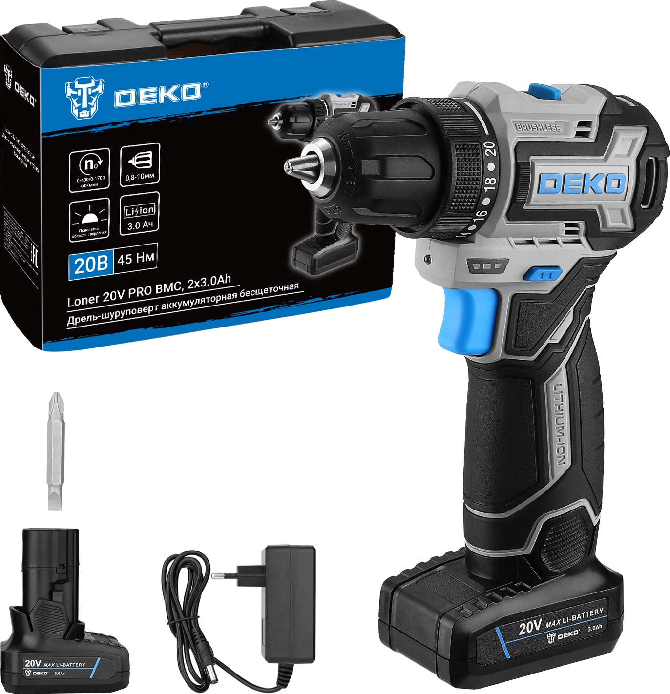 Дрель-шуруповерт Deko Loner 20V PRO аккум. патрон:быстрозажимной (кейс в комплекте) (085-1010)