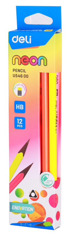 Карандаш ч/г Deli EU54600-1 Neon HB трехгран. пластик коробка (1шт) ластик