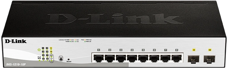 Коммутатор D-Link DGS-1210-10P DGS-1210-10P/FL2A (L2+) 8x1Гбит/с 2xКомбо(1000BASE-T/SFP) 8PoE 8PoE+ 65W управляемый