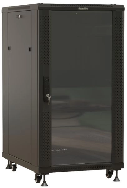 Шкаф коммутационный Hyperline TTBR-1866-AS-RAL9004 напольный 18U 600x600мм пер.дв.стекл задн.дв.спл.стал.лист 800кг черный 510мм 64.1кг 988мм IP20 сталь