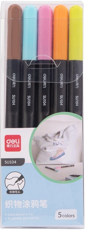 Фломастеры для ткани Deli SU104 круг. Невентилируемый 5цв. коробка ПВХ (5шт.)