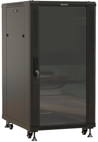 Шкаф серверный Hyperline (TTBR-2261-AS-RAL9004) напольный 22U 600x1000мм пер.дв.стекл 2 бок.пан. задн.дв.спл.стал.лист 1000кг черный 910мм 1166мм IP20 сталь